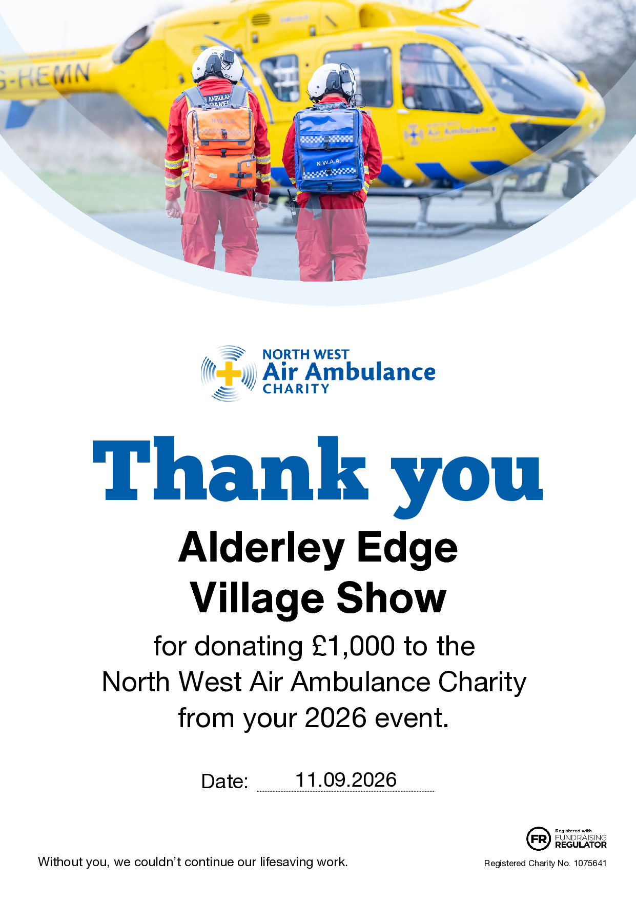 Certificate of thanks from North West Air Ambulance Charity for the Alderley Edge Village Show's £1,000 donation